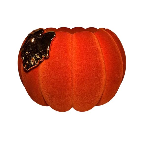 Bath & Body Works Flocked Pumpkin Pedestal Candle Holder Burnt Orange Gold Leaf - Picture 2 of 4